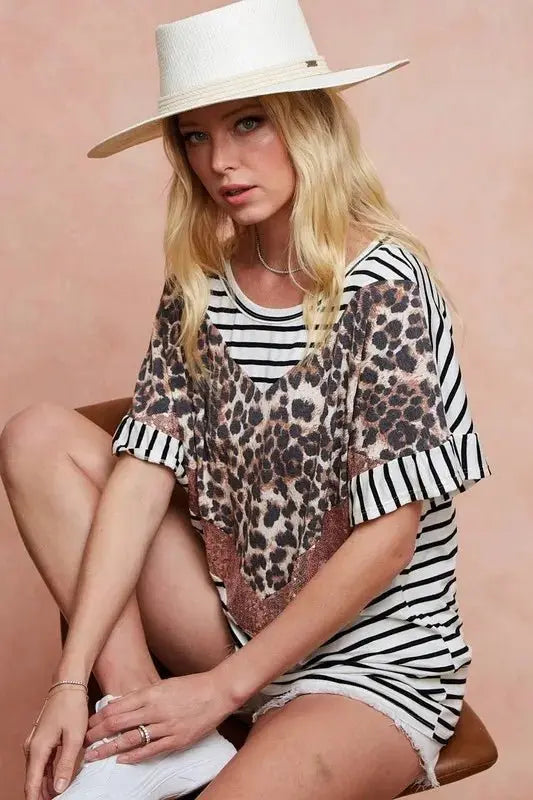 BiBi Stripe Rayon Span Knit Color Block Top With Leopard - Love Salve